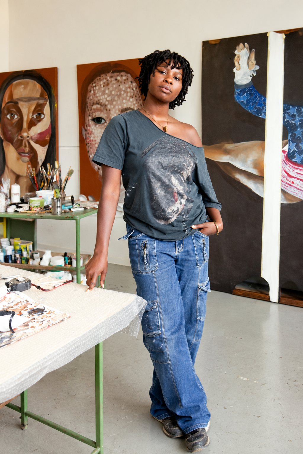 Installation view of Monilola Olayemi Ilupeju’s leather sculptures and painted cowhide at Georg Kolbe Museum